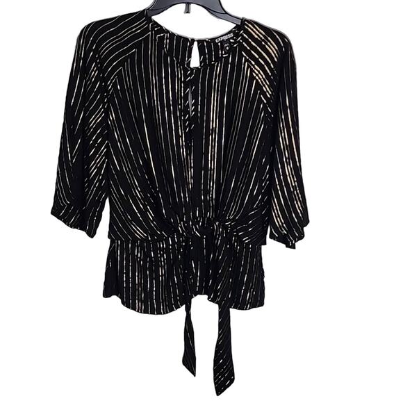Express Black/Gold Blouse, Tie Front, Keyhole Opening, Medium - Picture 1 of 8